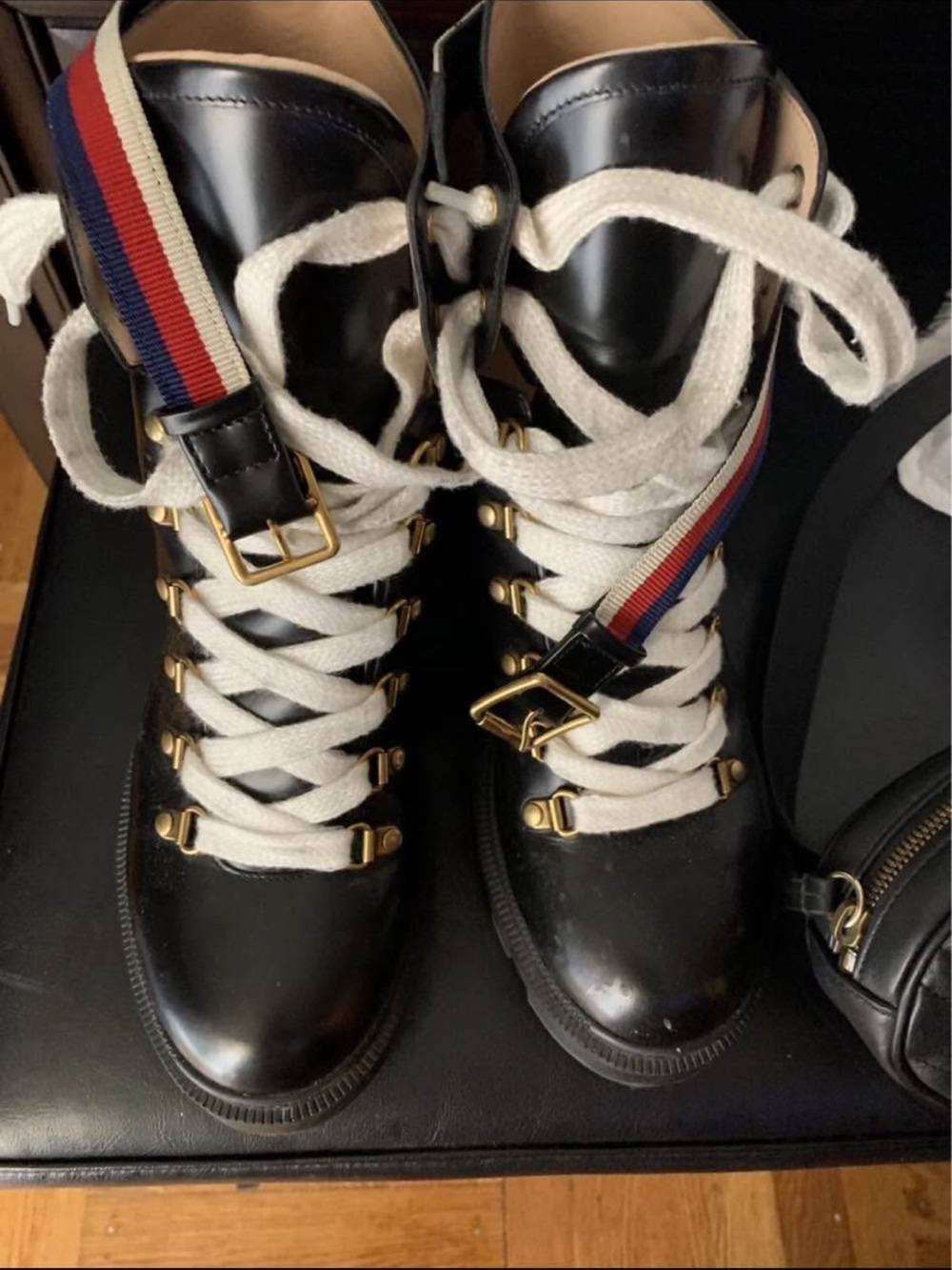 Gucci Black Leather Combat Boots with Red-Blue Stripe Strap